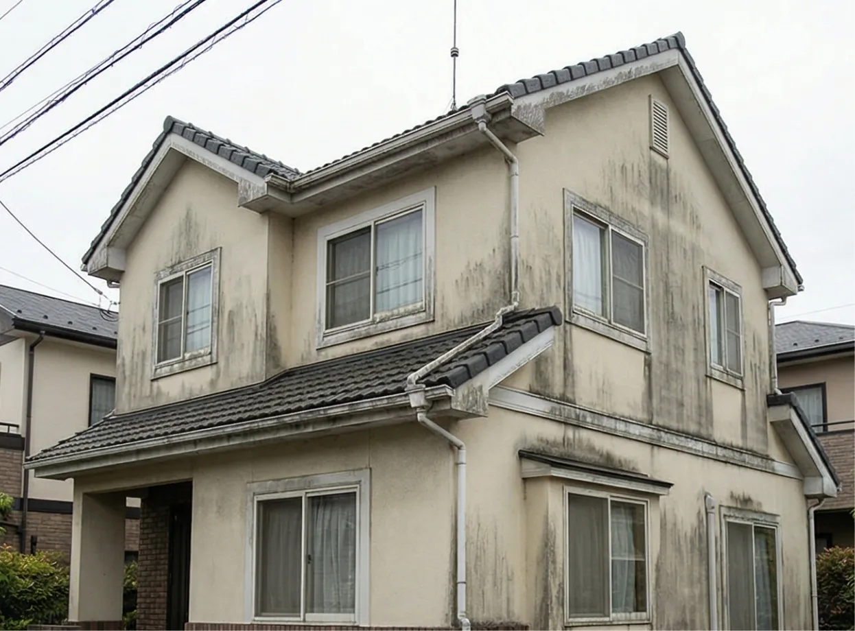 外壁洗浄前の黒く汚れた壁の家